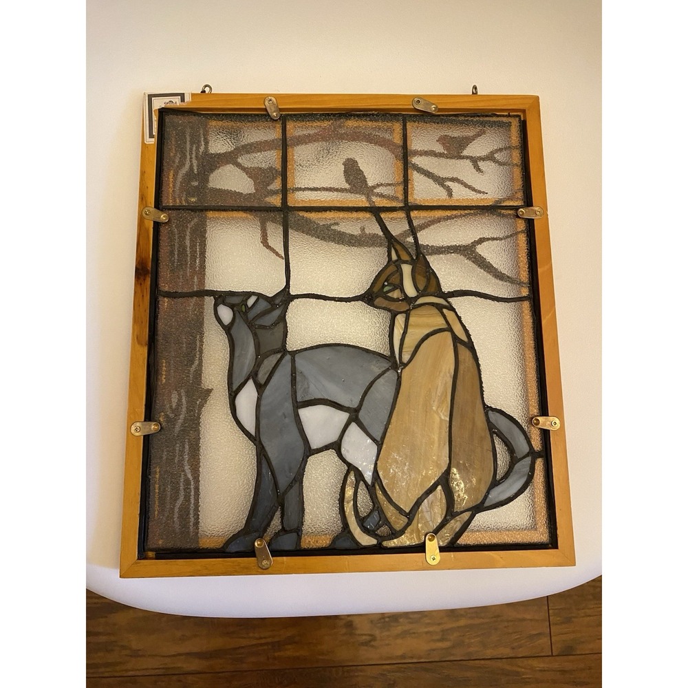1970s Stained Glass Cat Window Panel Hanging Art Bird Framed Fish 11" X 12.5" - Picture 4 of 4